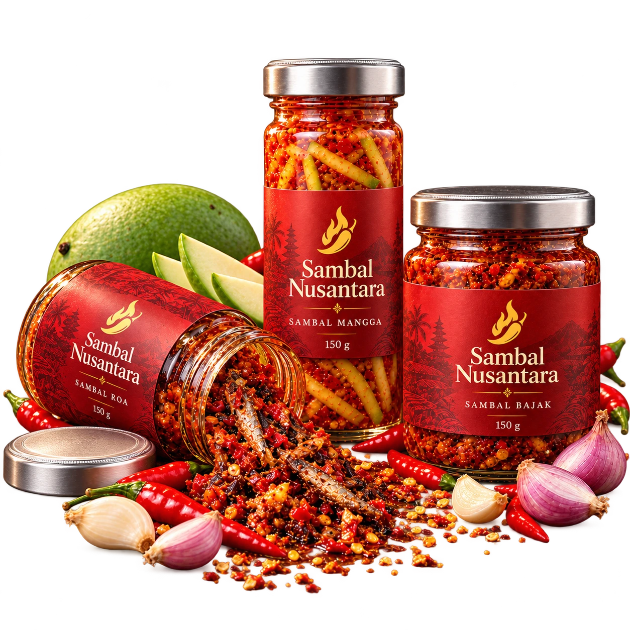 Sambal Roa terbuka dan tertumpah di kiri, botol Sambal Mangga yang tinggi di tengah, serta Sambal Bajak di kanan, bersama bumbu dan tutup perak