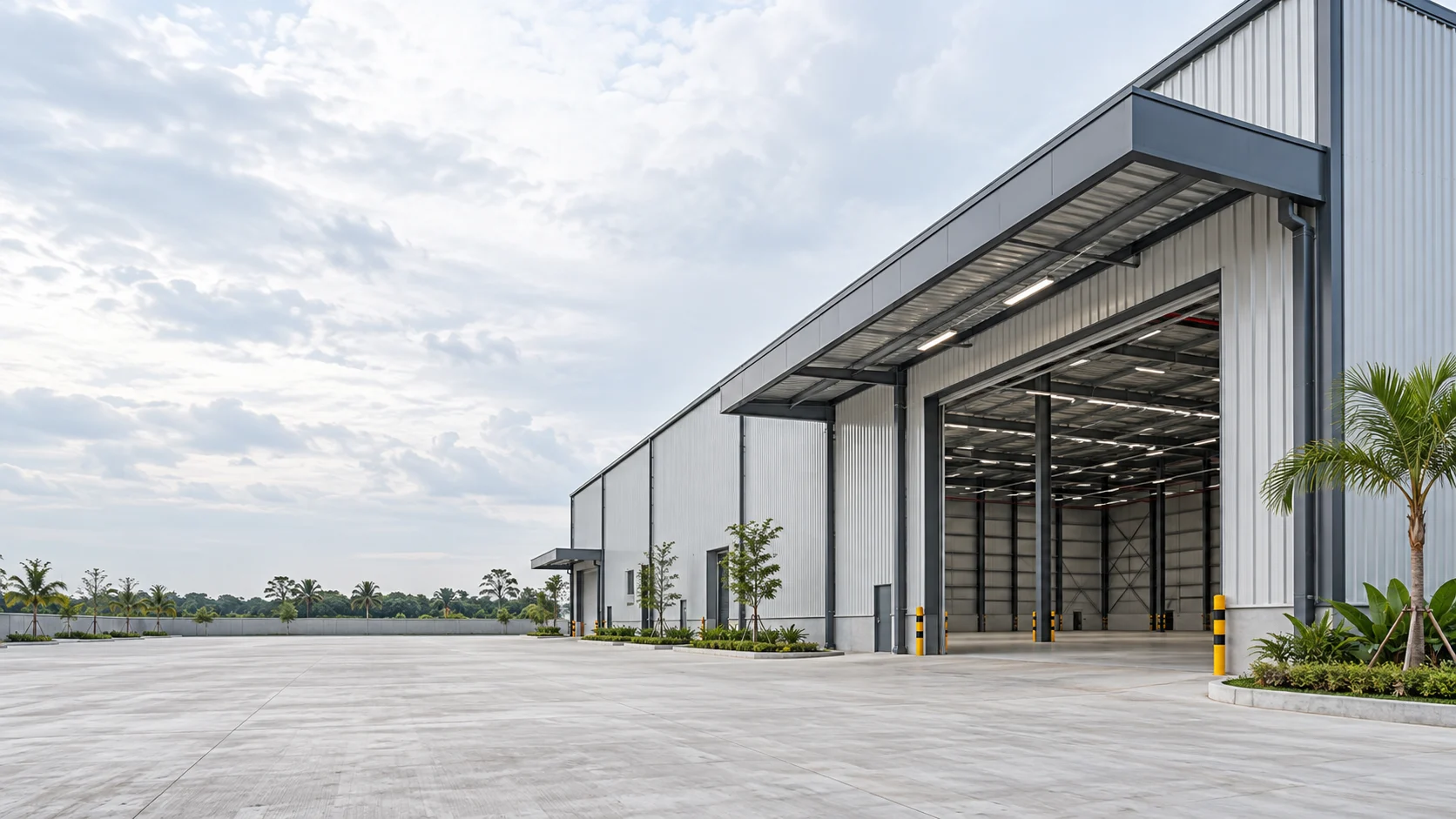 Ilustrasi gudang modern dengan struktur baja dan loading bay di sisi kanan