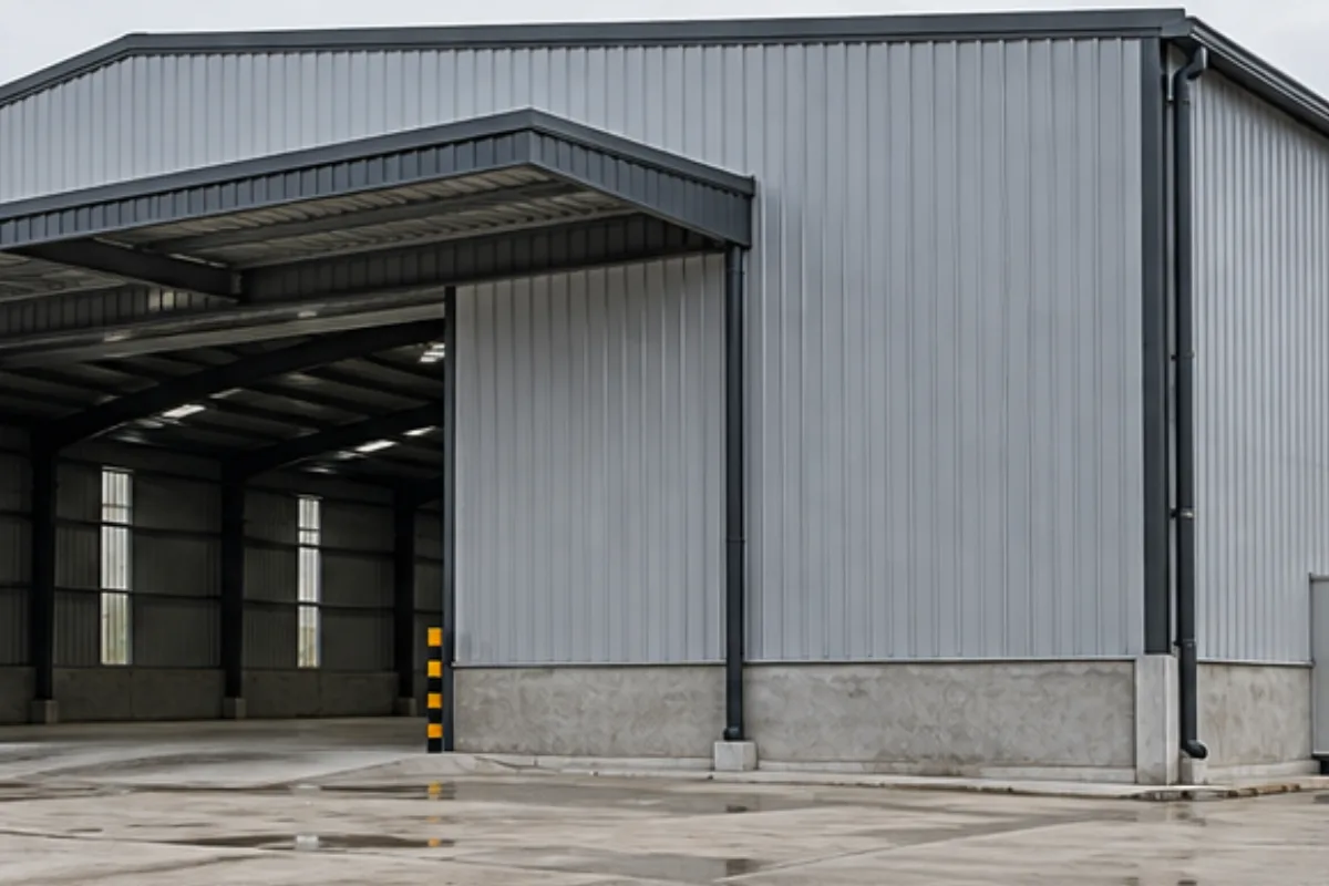 Ilustrasi Gudang Cakra — Gudang satu lantai dengan loading area dan cladding netral.