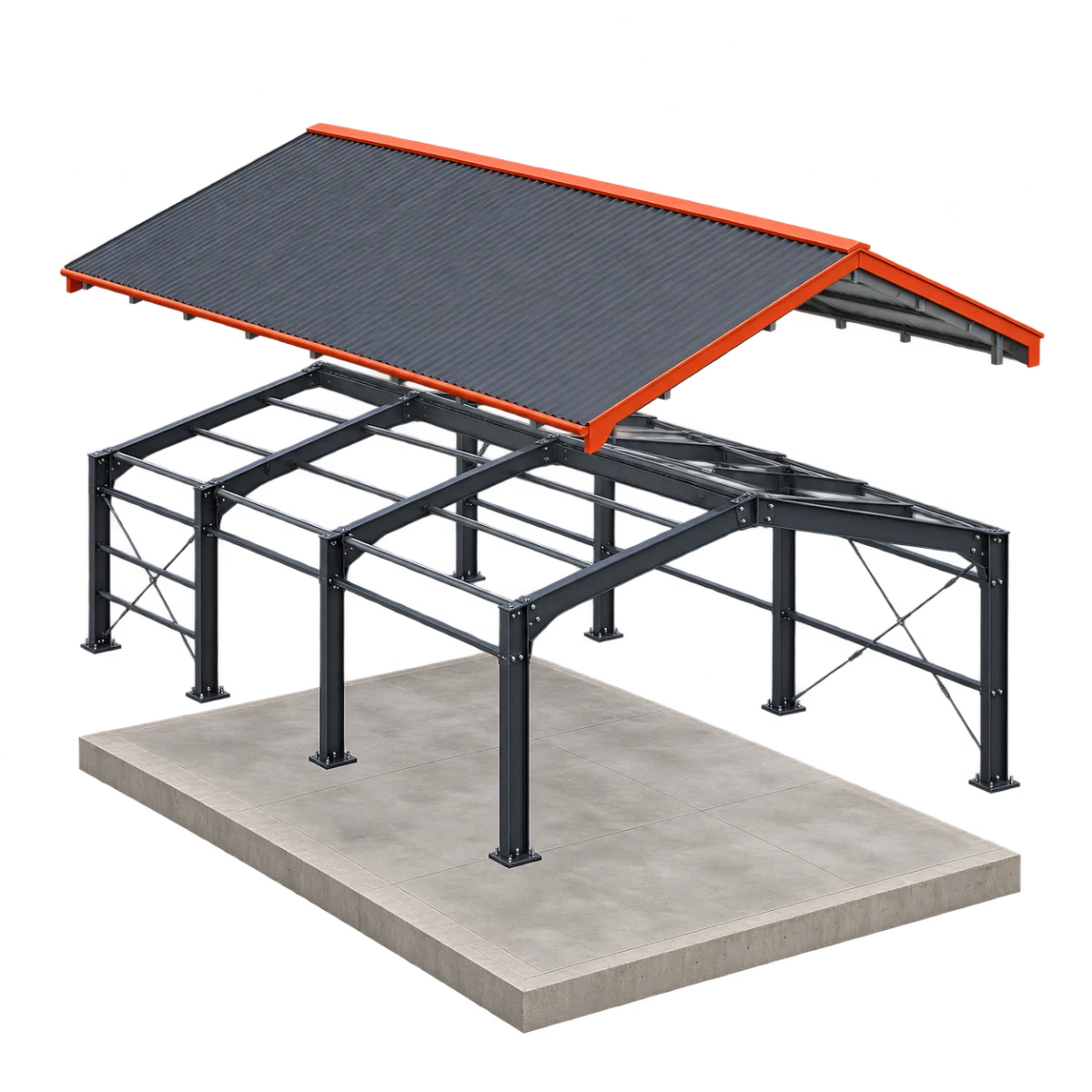 Skema konseptual gudang dengan lapisan atap metal, rangka baja, dan dasar beton yang dipisahkan