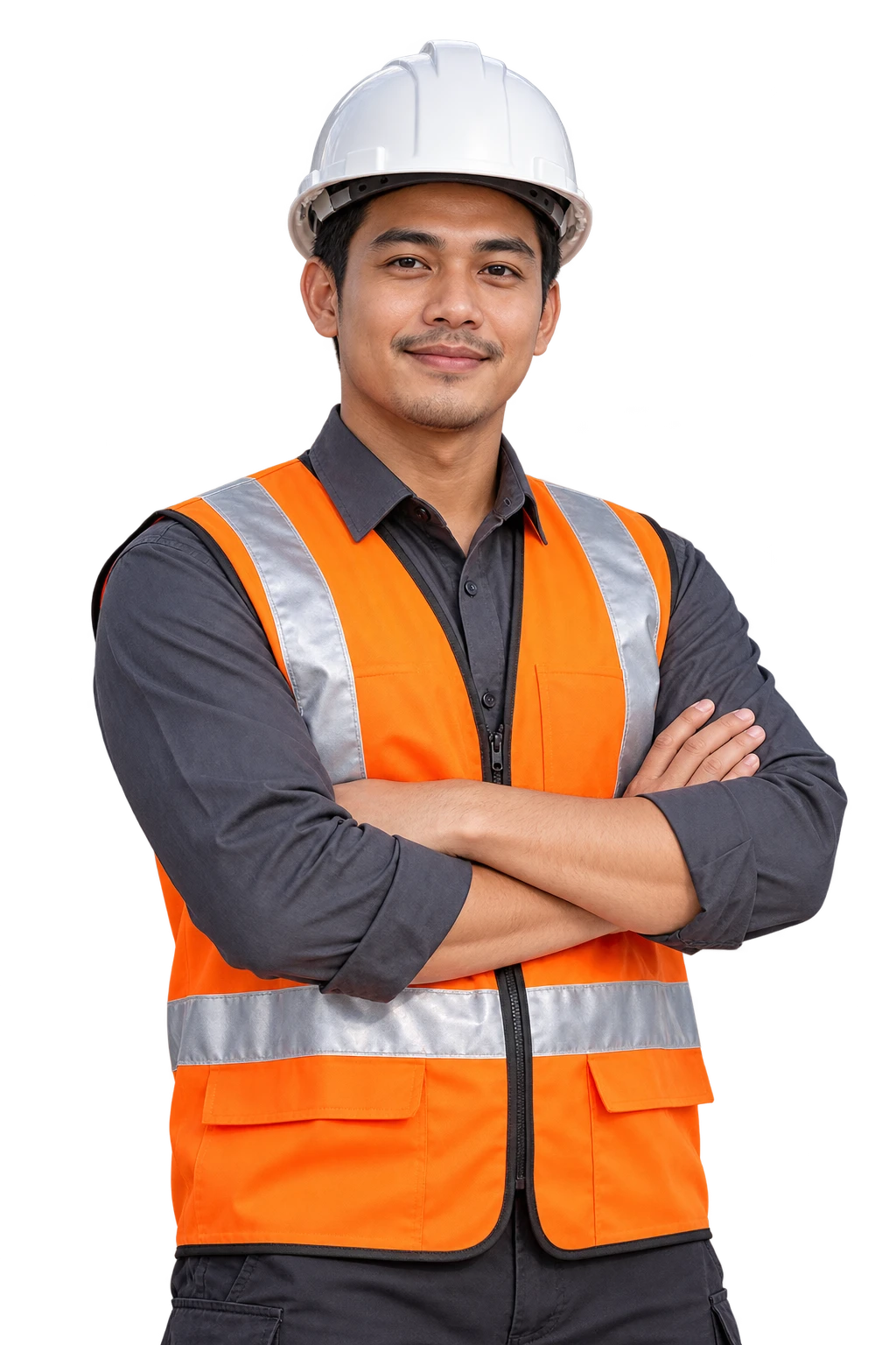 Figur ilustratif engineer konstruksi dengan helm putih dan rompi oranye