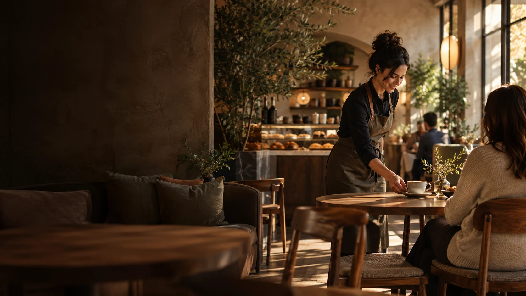 Barista menyambut tamu di lounge coffee shop yang hangat