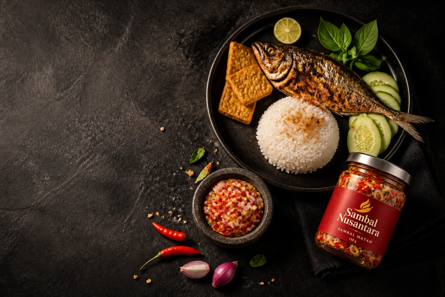 Sepiring nasi hangat dengan ikan bakar, tempe, lalapan, dan sambal Nusantara