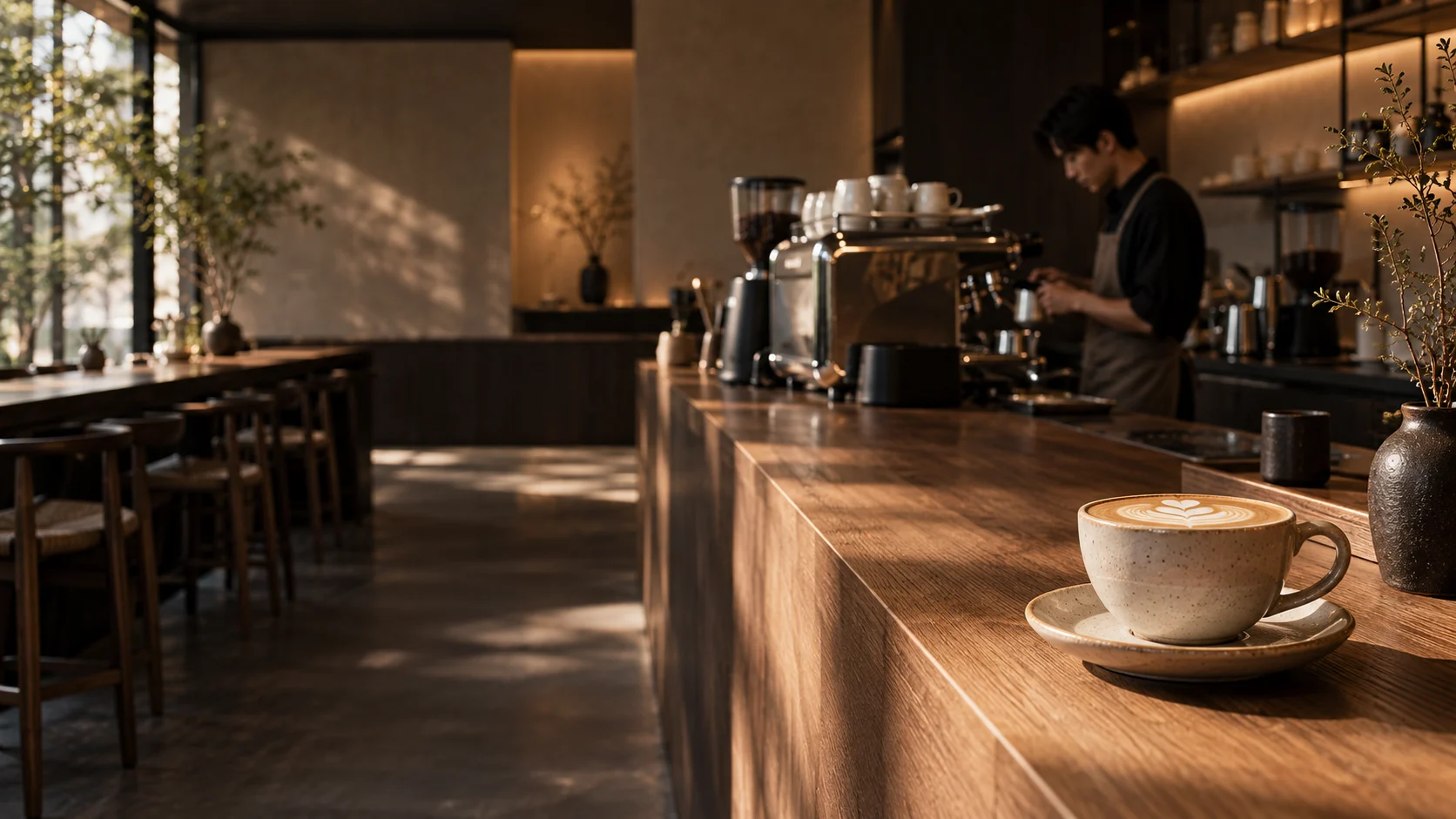 A warm modern specialty coffee bar with a freshly made latte