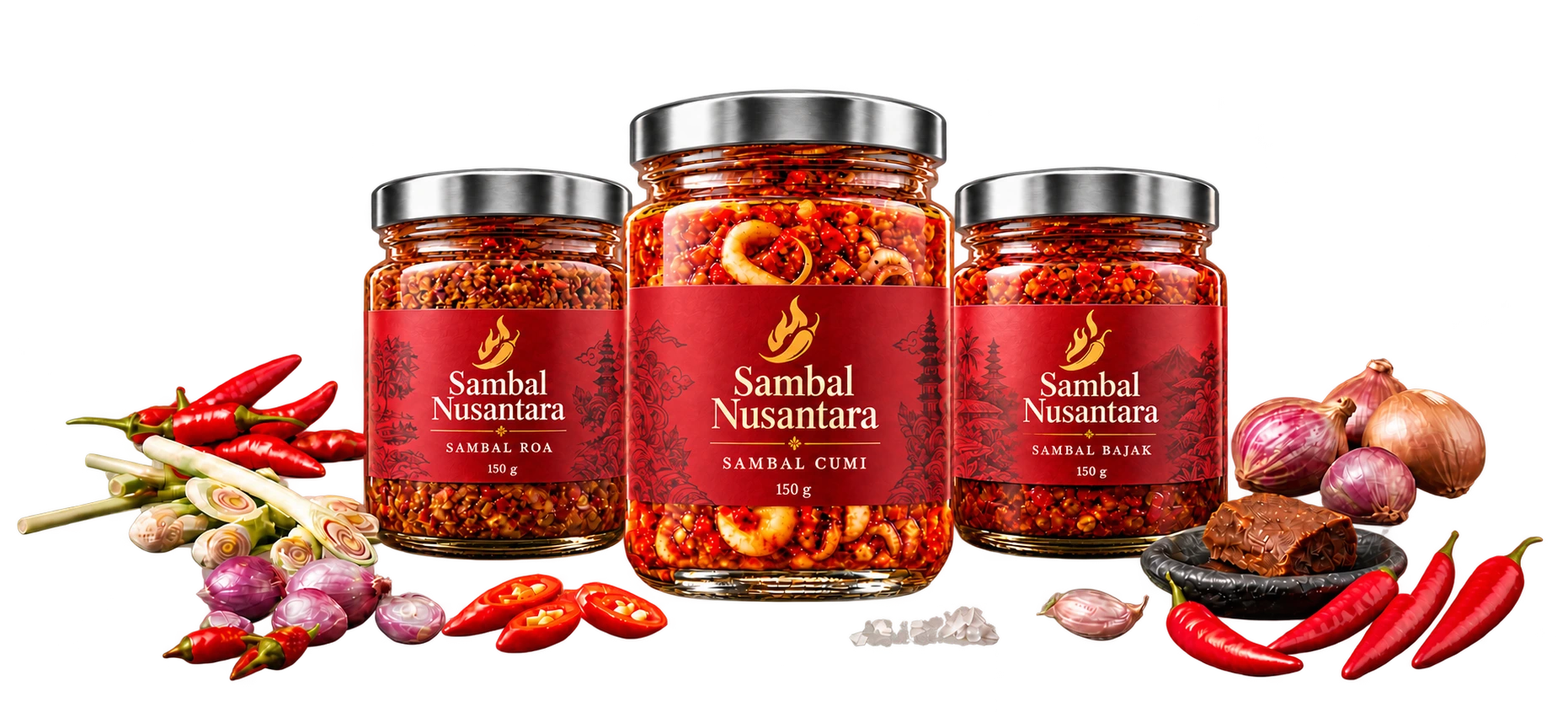 Tiga jar Sambal Nusantara bertutup perak: Sambal Roa di kiri, Sambal Cumi di tengah, dan Sambal Bajak di kanan, bersama cabai dan rempah segar