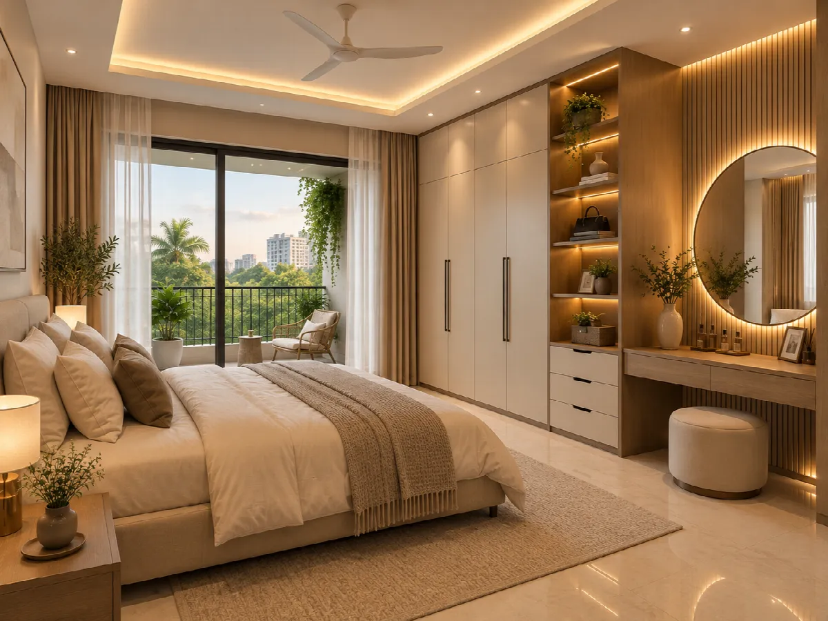 Bedroom beige dengan lemari built-in, meja rias kayu, cermin oval berlampu, dan balkon