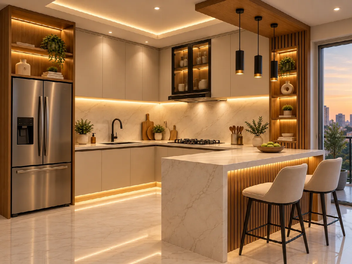 Kitchen beige dengan peninsula marmer, panel kayu berlampu LED, dan lampu gantung hitam