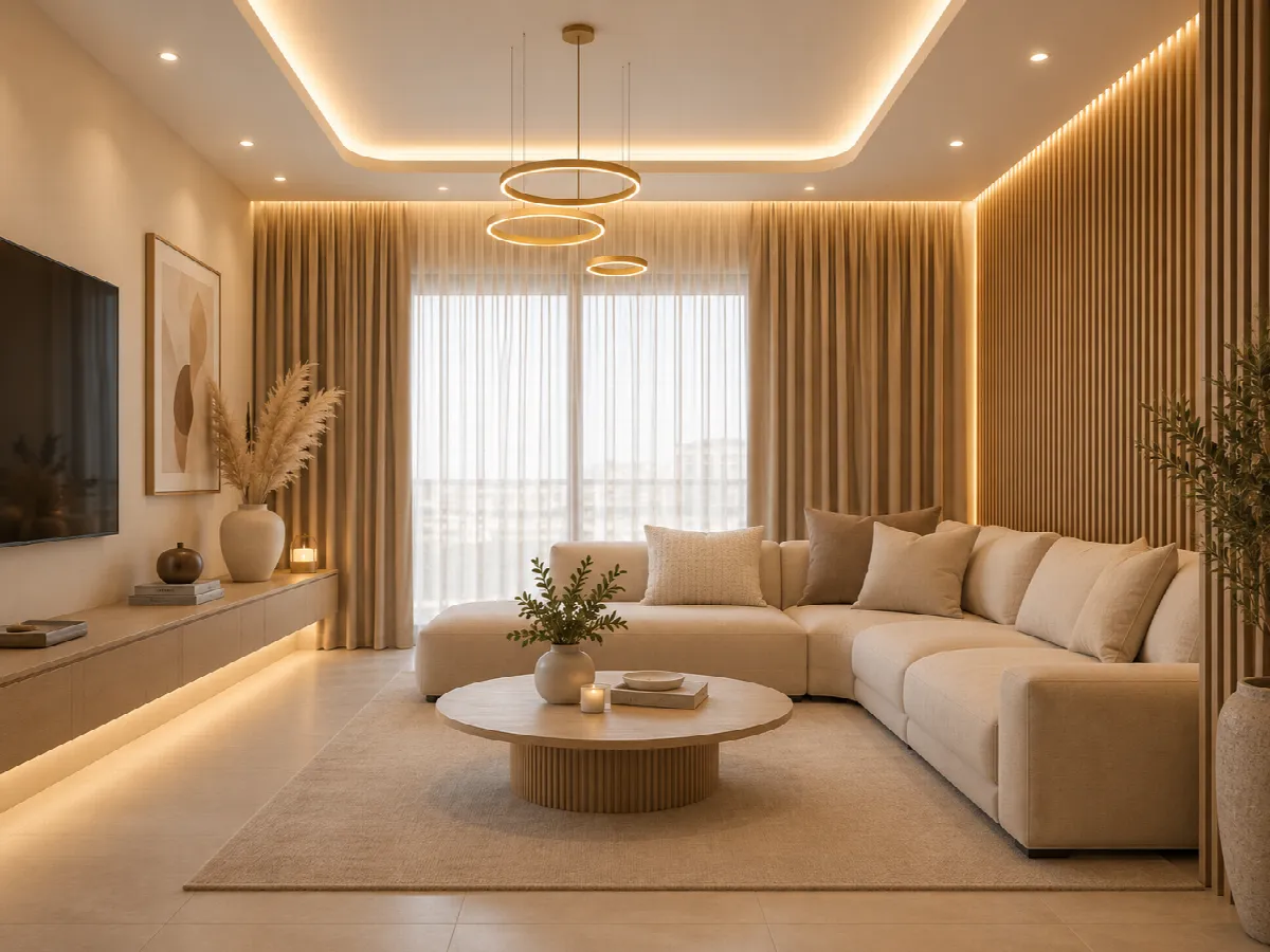 Living room beige hangat dengan sofa L, meja bundar, panel kayu, dan lampu gantung cincin