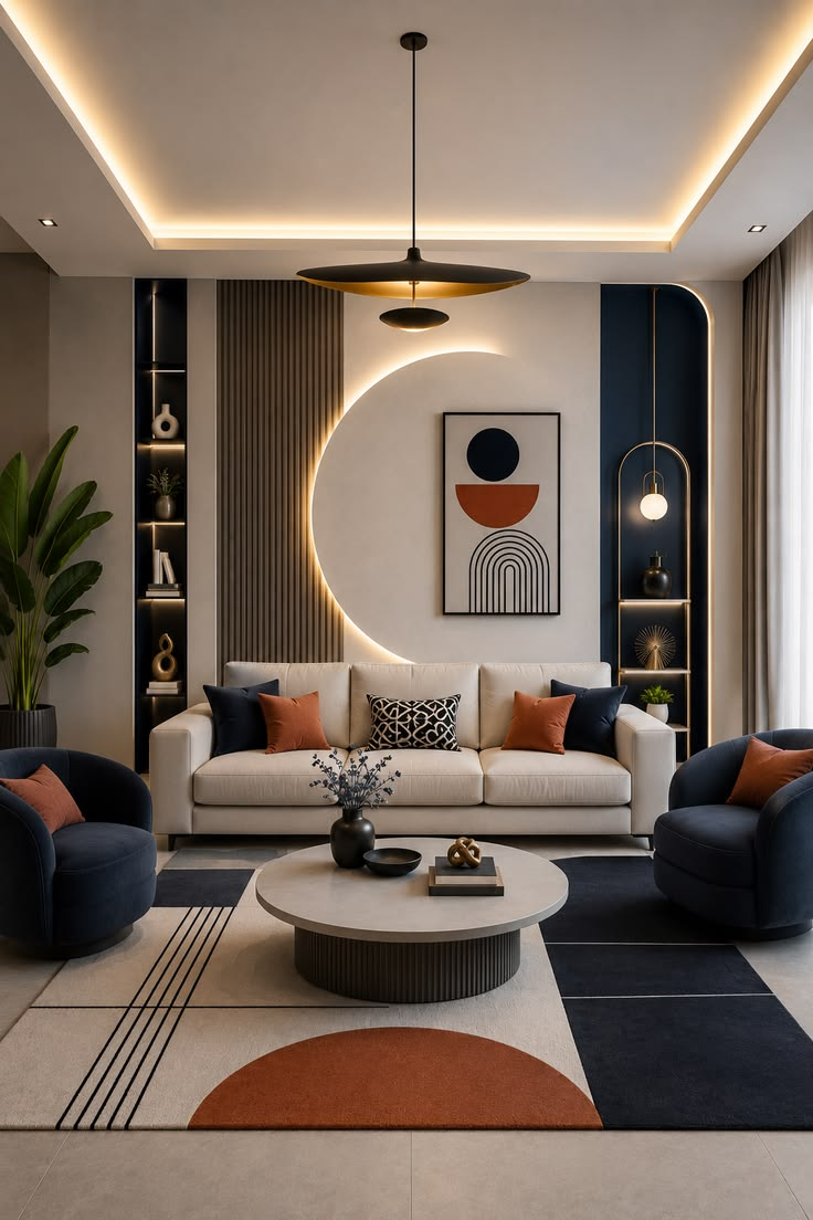 Ruang keluarga personal dengan sofa krem, kursi biru dan aksen terracotta