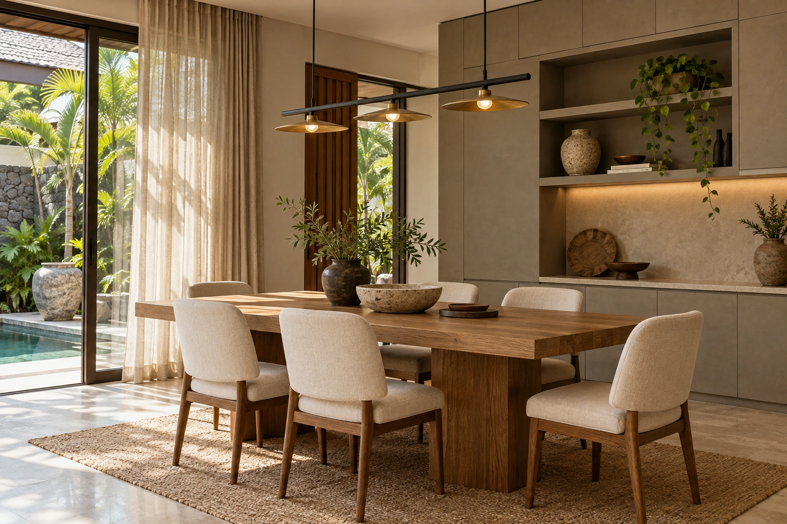 Ruang makan dengan meja oak, kursi krem dan pemandangan taman