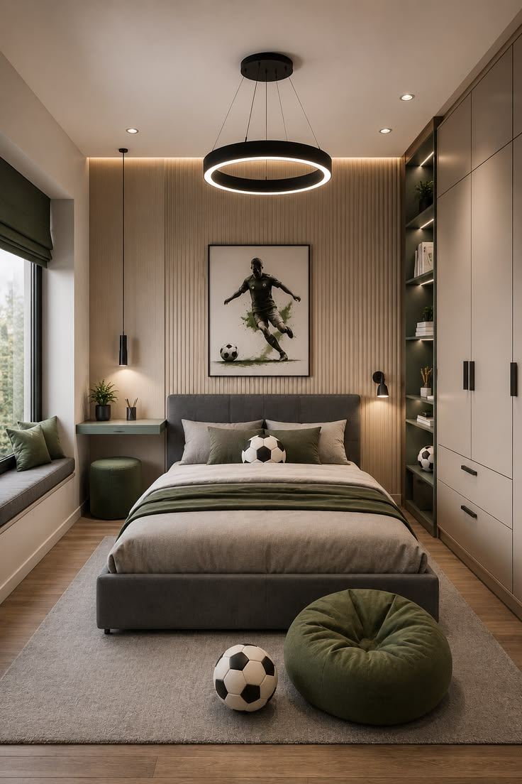 Kamar tidur dengan furnitur built-in, tempat duduk jendela dan aksen hijau