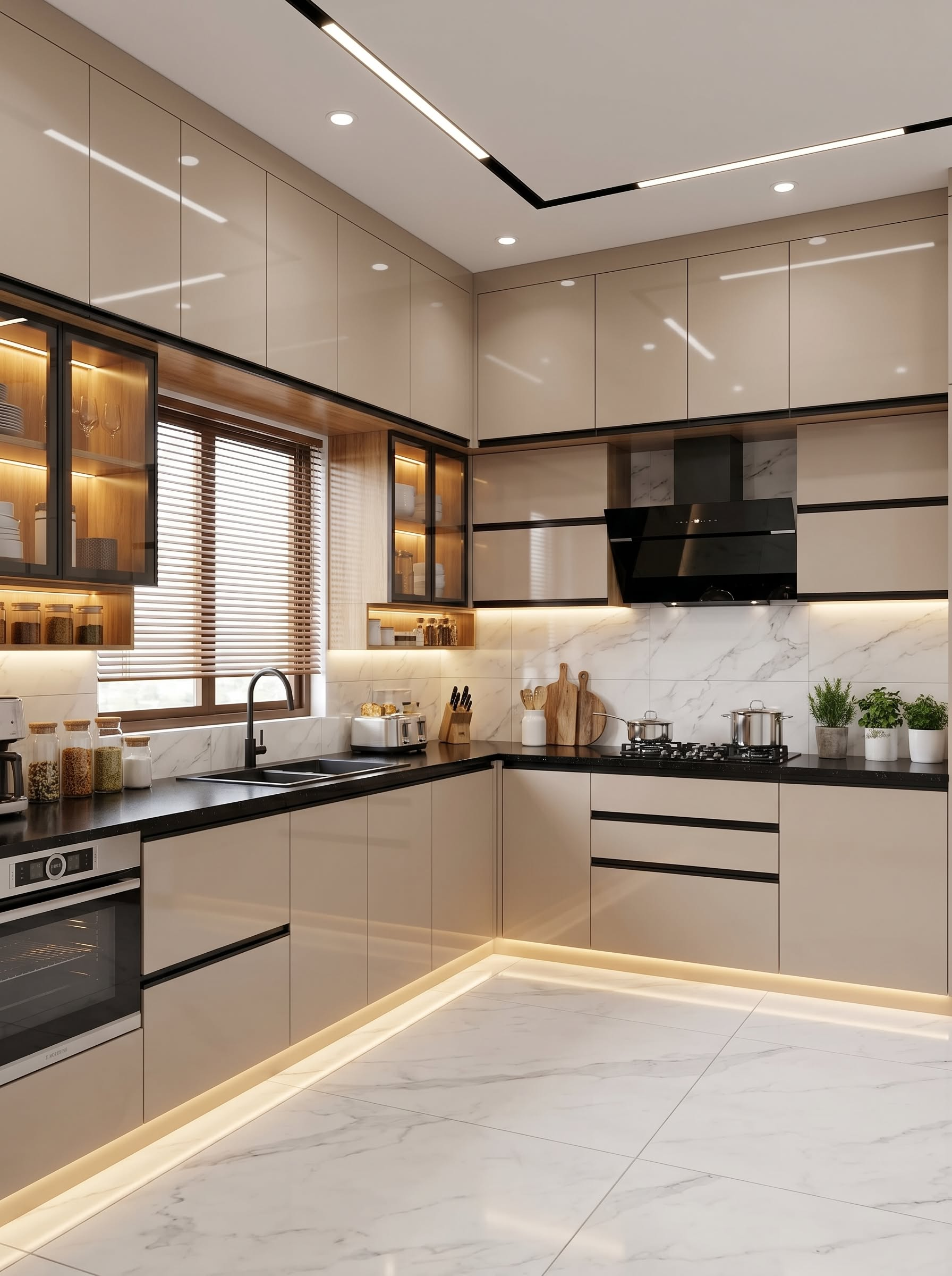 Kabinet dapur beige dengan countertop batu dan pencahayaan hangat