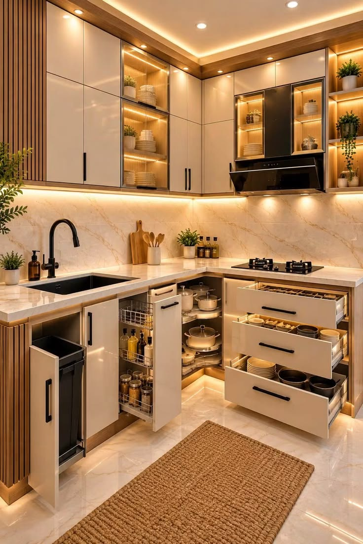 Detail laci dan kabinet dapur dengan penyimpanan peralatan yang rapi