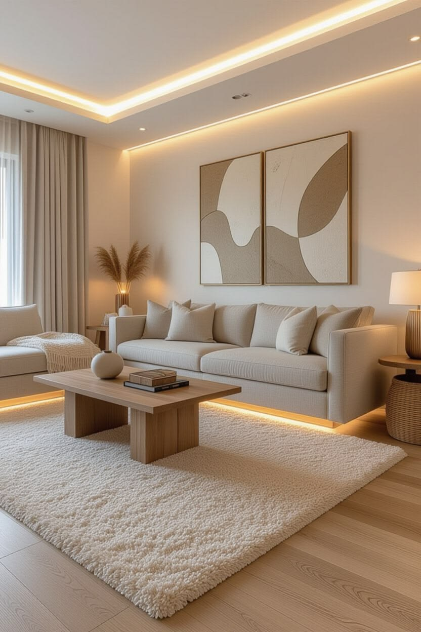 Ruang keluarga dengan sofa krem dan furnitur kayu yang hangat