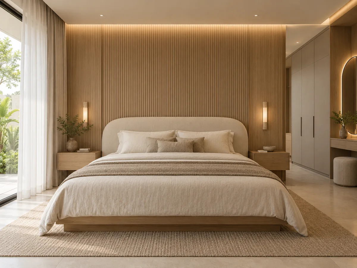 Kamar tidur bernuansa beige dengan headboard dan furnitur kayu oak