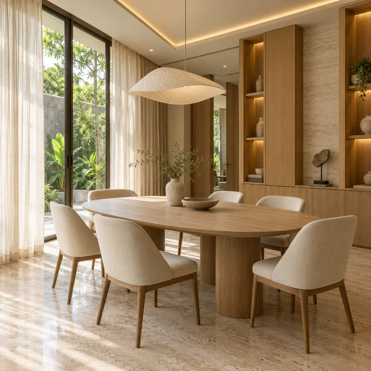 Ruang makan dengan meja oak, kursi krem, dan pencahayaan lembut