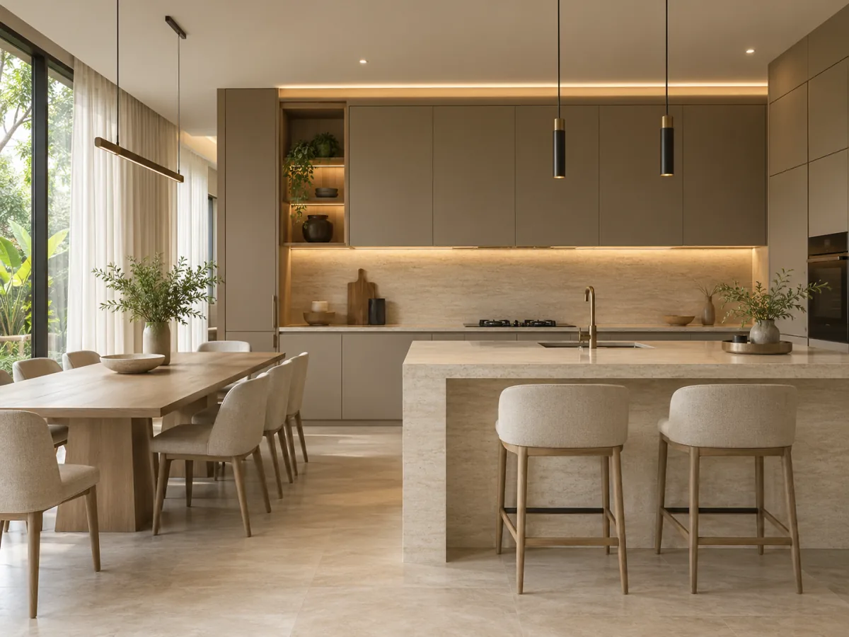 Dapur modern dengan kabinet taupe, peninsula batu, dan lampu gantung