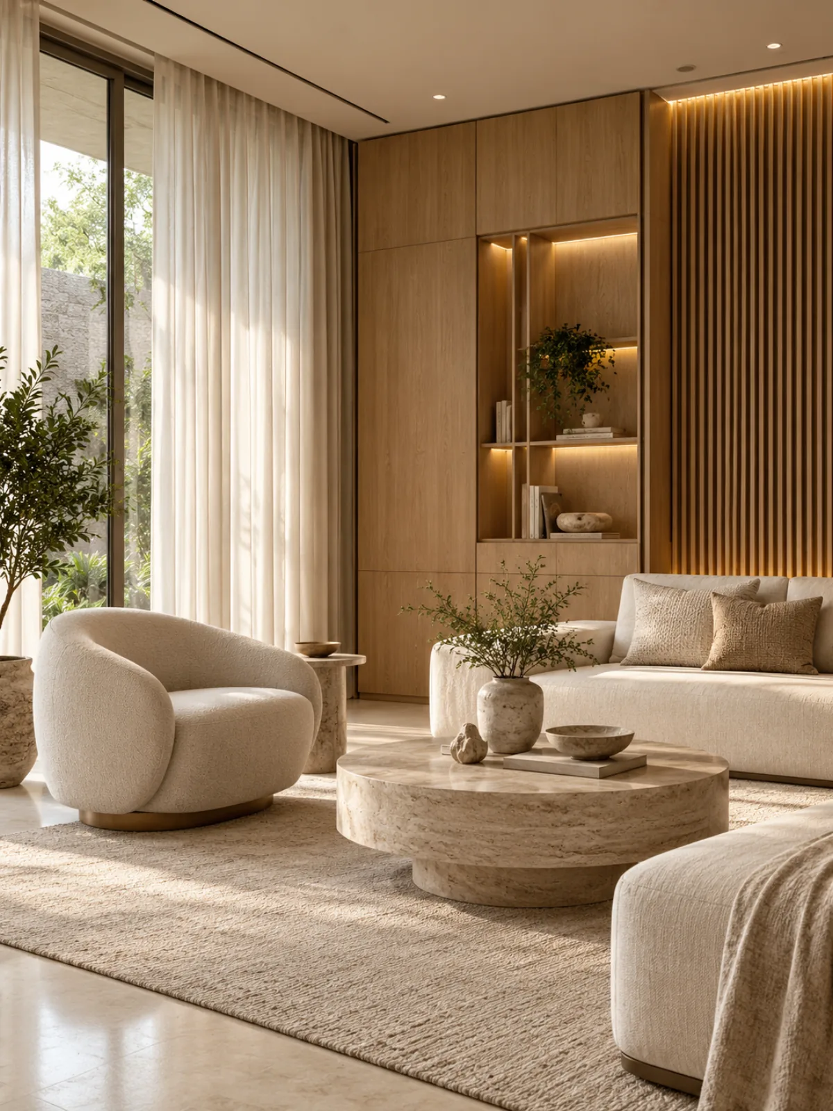 Ruang keluarga dengan sofa krem, furnitur kayu oak, dan cahaya hangat