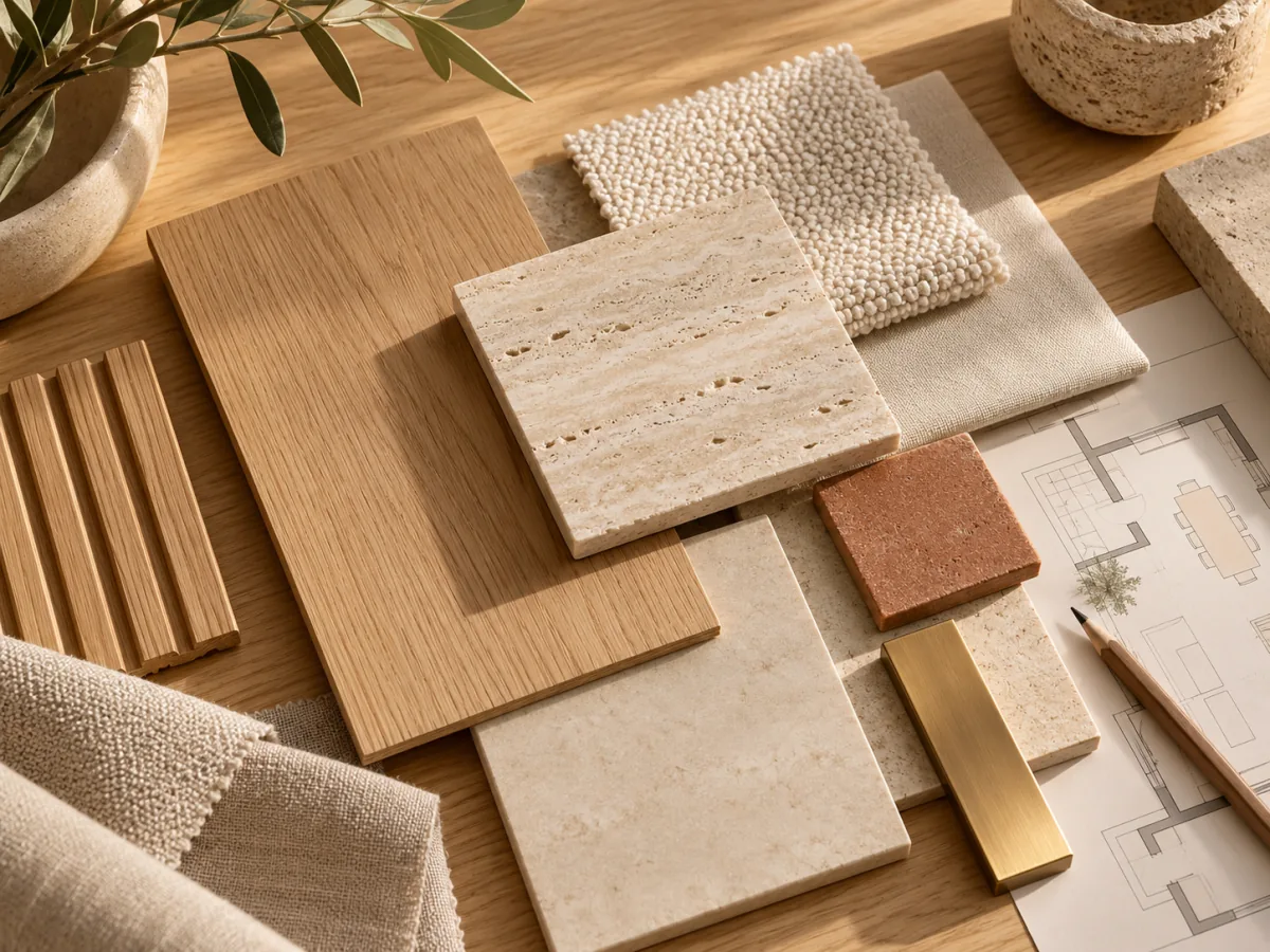 Moodboard interior berisi sampel kayu oak, batu beige, linen, dan terracotta