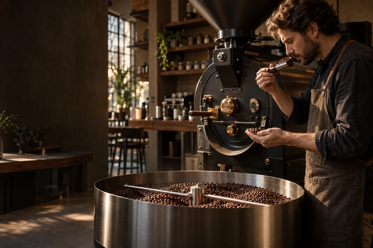 Fresh coffee beans being roasted in a small batch