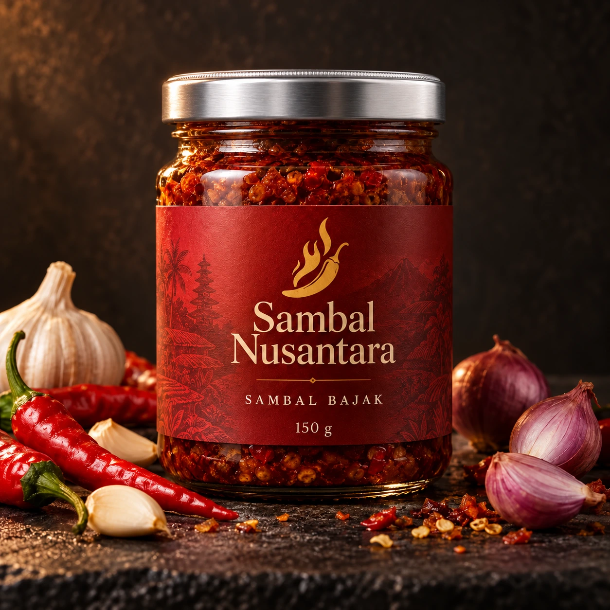 Sambal Bajak Sambal Nusantara dalam jar kaca bertutup silver