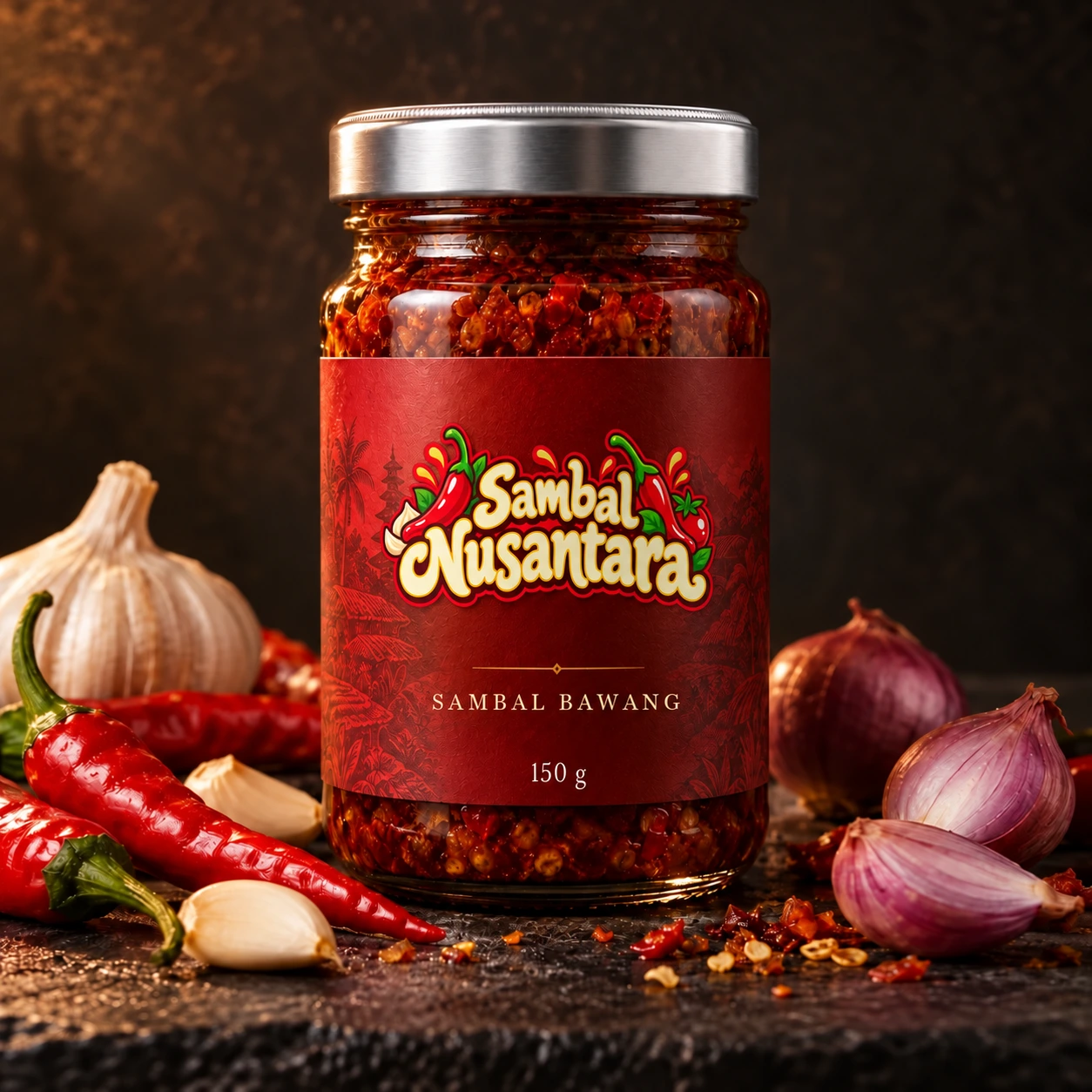 Sambal Bawang Sambal Nusantara dengan tutup silver dan label merah cabai