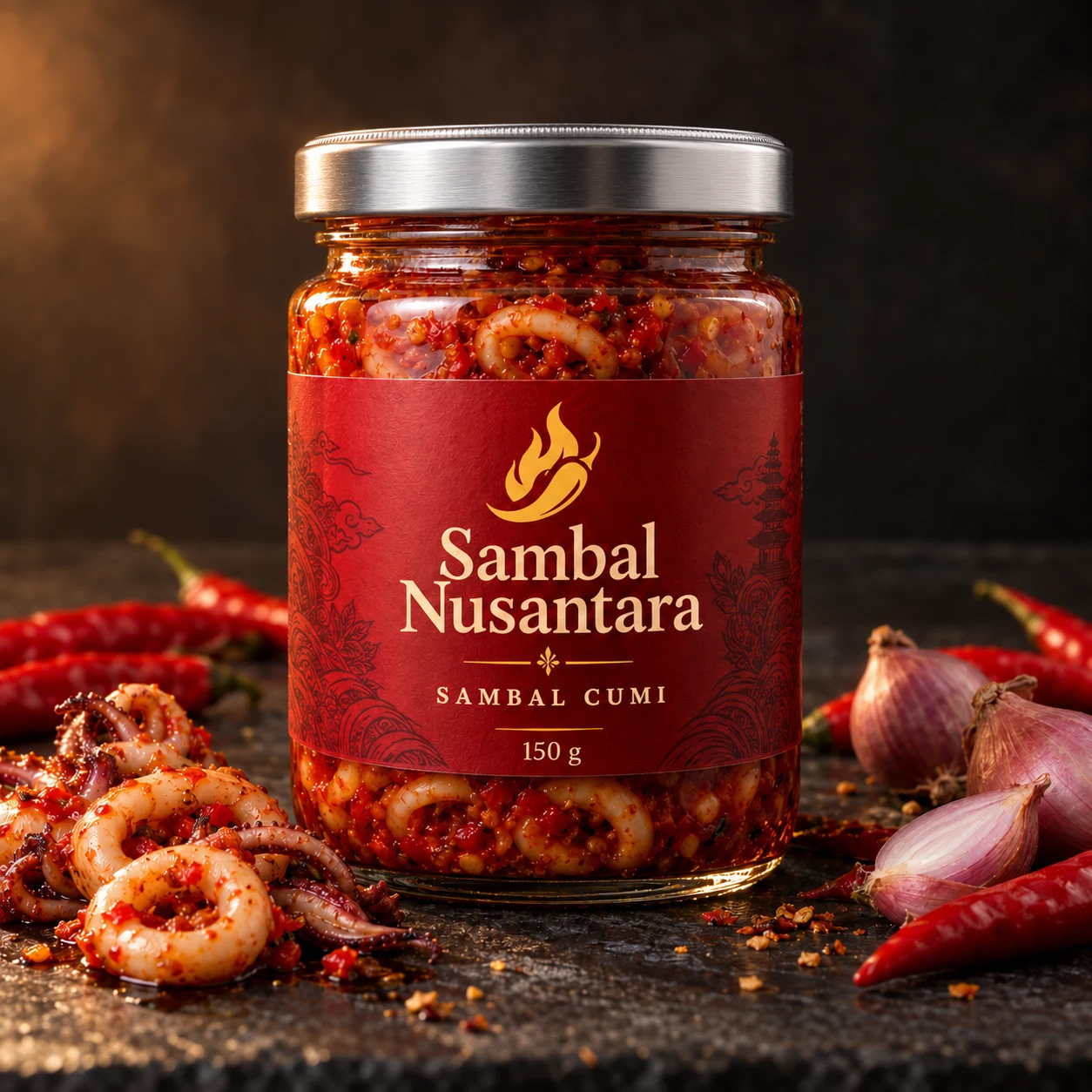 Sambal Cumi Sambal Nusantara dalam jar kaca bertutup silver