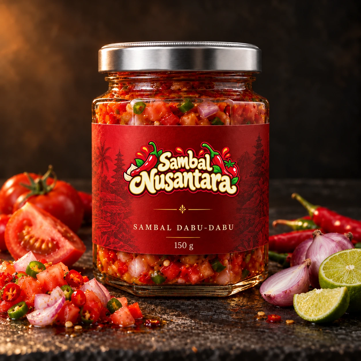 Sambal Dabu-dabu Sambal Nusantara dengan tutup silver dan label merah cabai