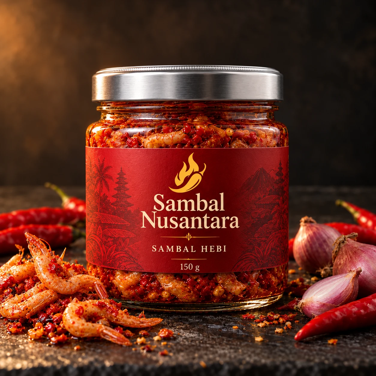 Sambal Hebi Sambal Nusantara dalam jar kaca bertutup silver