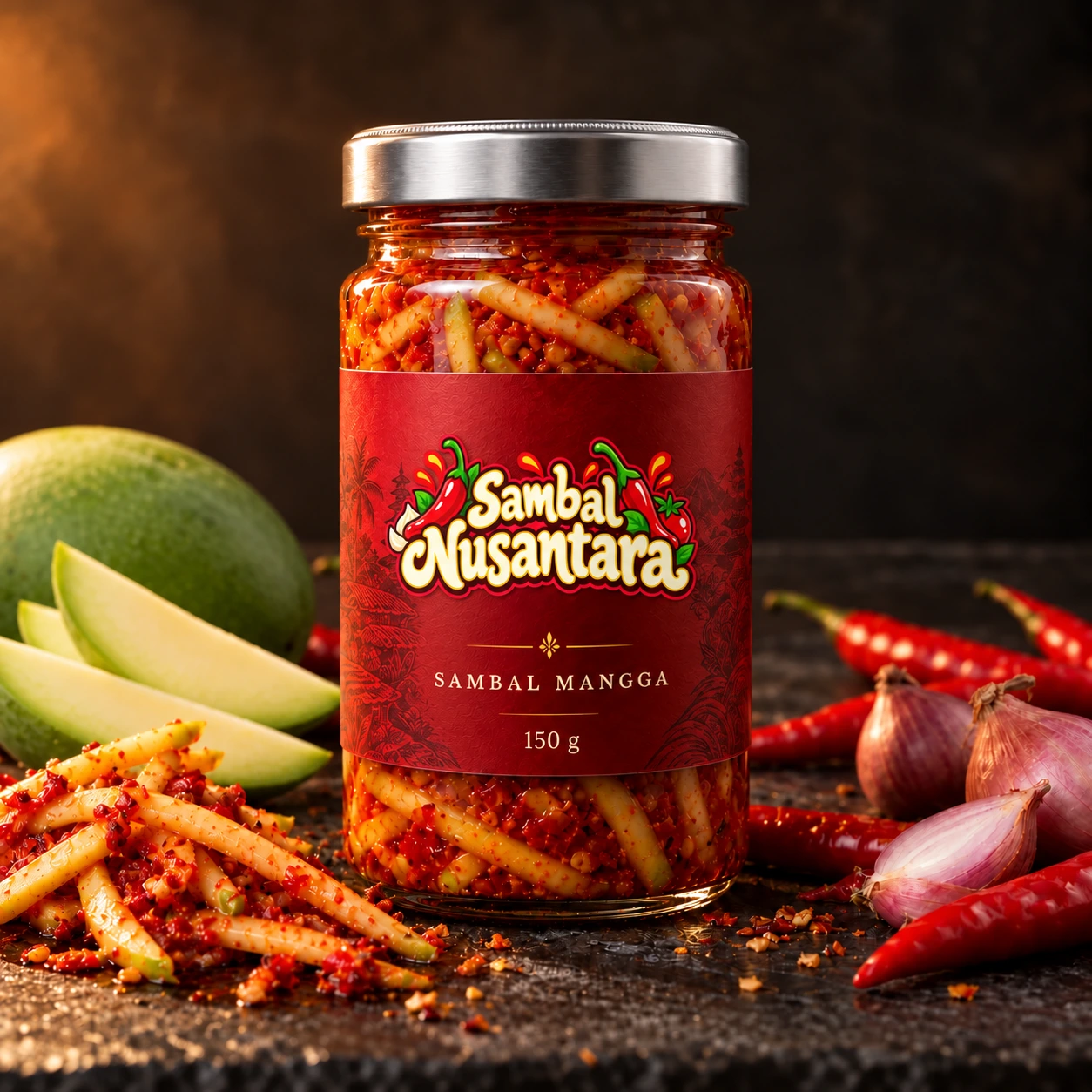 Sambal Mangga Sambal Nusantara dengan tutup silver dan label merah cabai