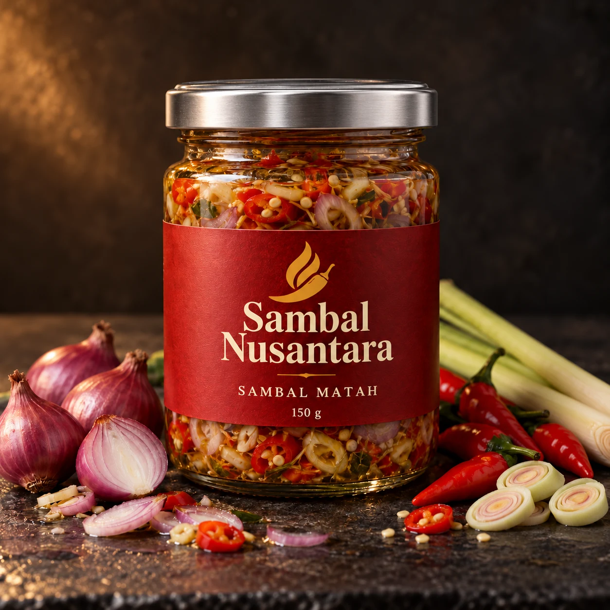 Sambal Matah Sambal Nusantara dalam jar kaca bertutup silver