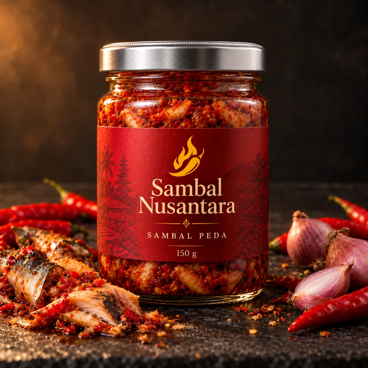 Sambal Peda Sambal Nusantara dalam jar kaca bertutup silver