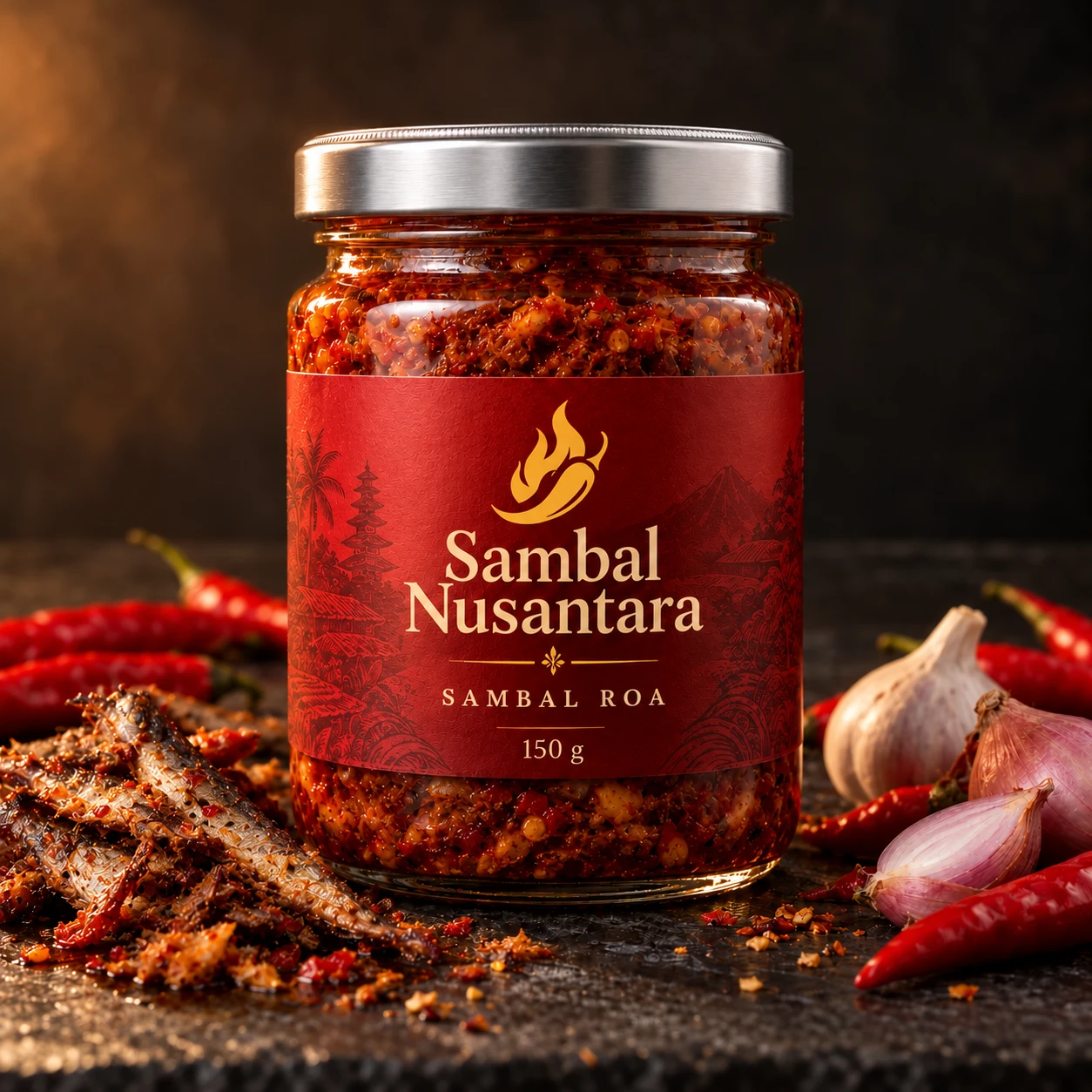 Sambal Roa Sambal Nusantara dalam jar kaca bertutup silver