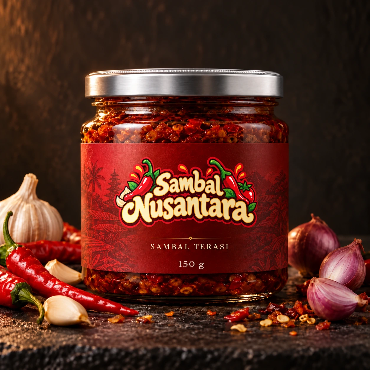 Sambal Terasi Sambal Nusantara dengan tutup silver dan label merah cabai