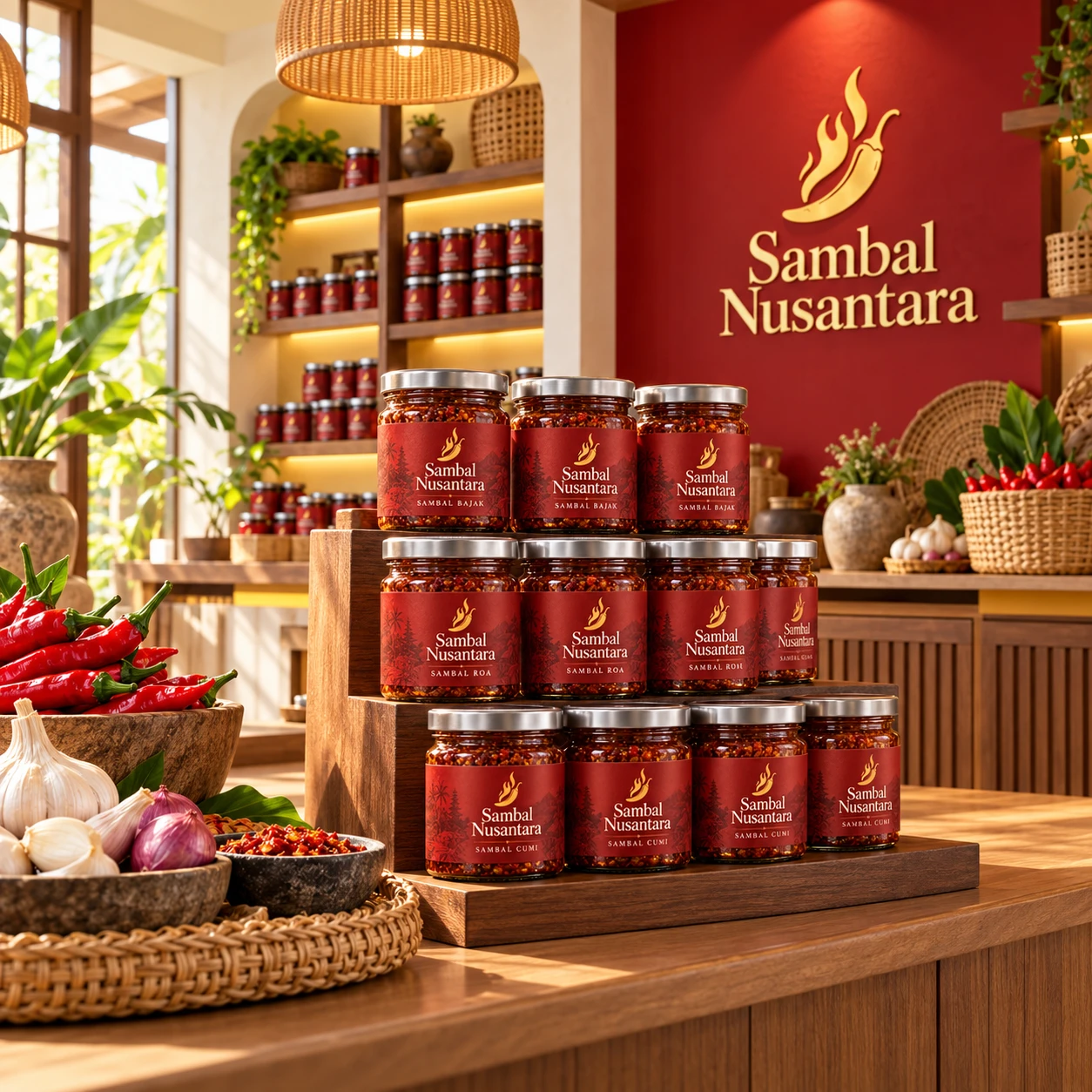Interior toko Sambal Nusantara dengan signage brand, display produk bertutup perak, dan dekorasi rempah