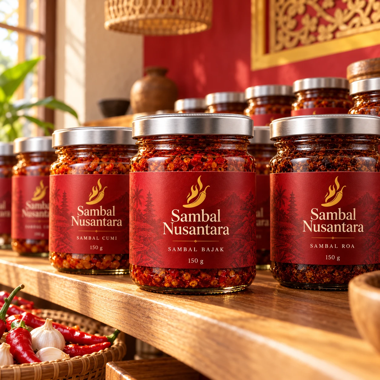Rak kayu berisi Sambal Bajak, Cumi, dan Roa dengan label merah dan tutup perak di toko Sambal Nusantara