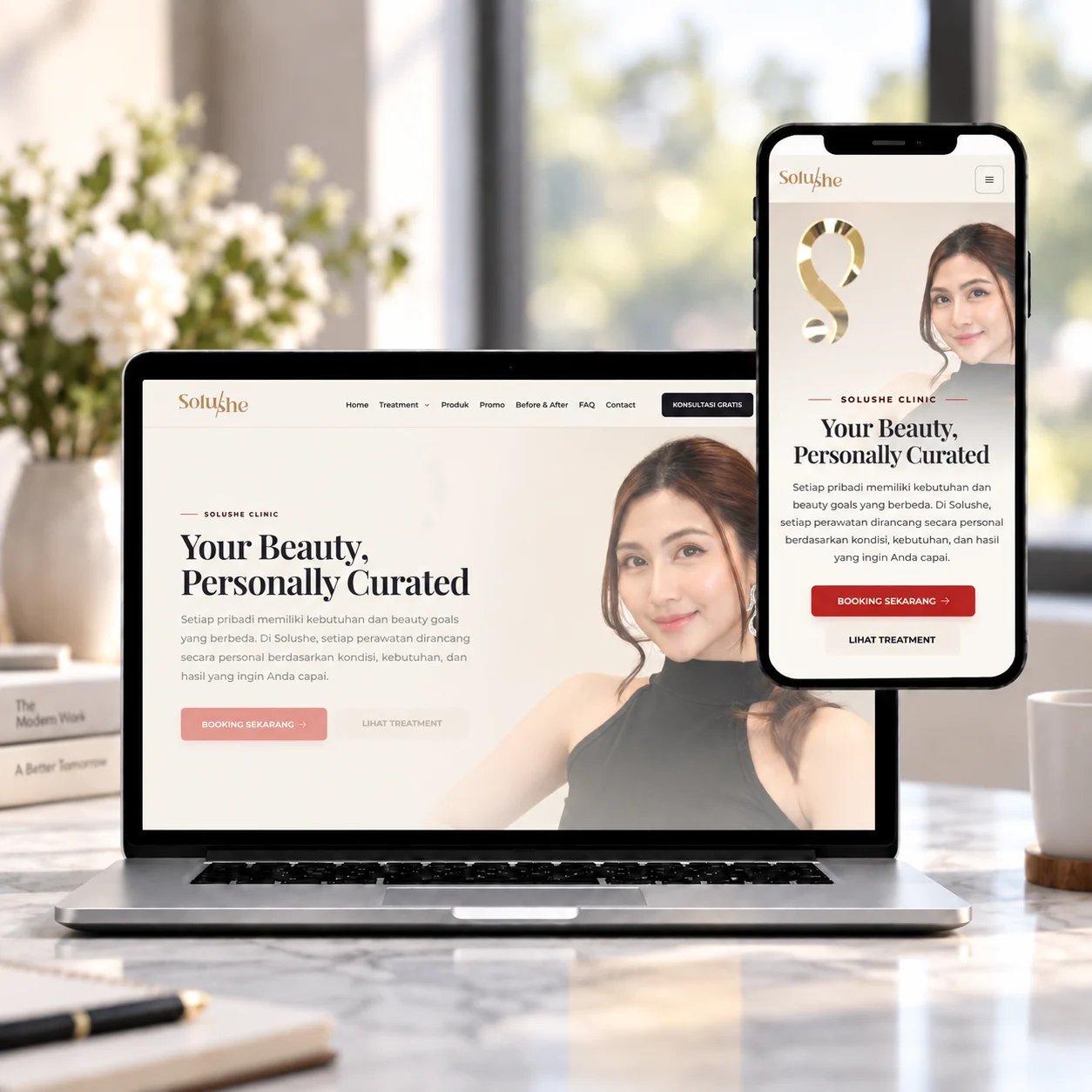 Tampilan website Solushe di laptop dan ponsel