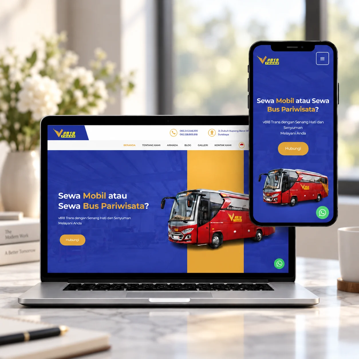 Tampilan website v818Trans di laptop dan ponsel